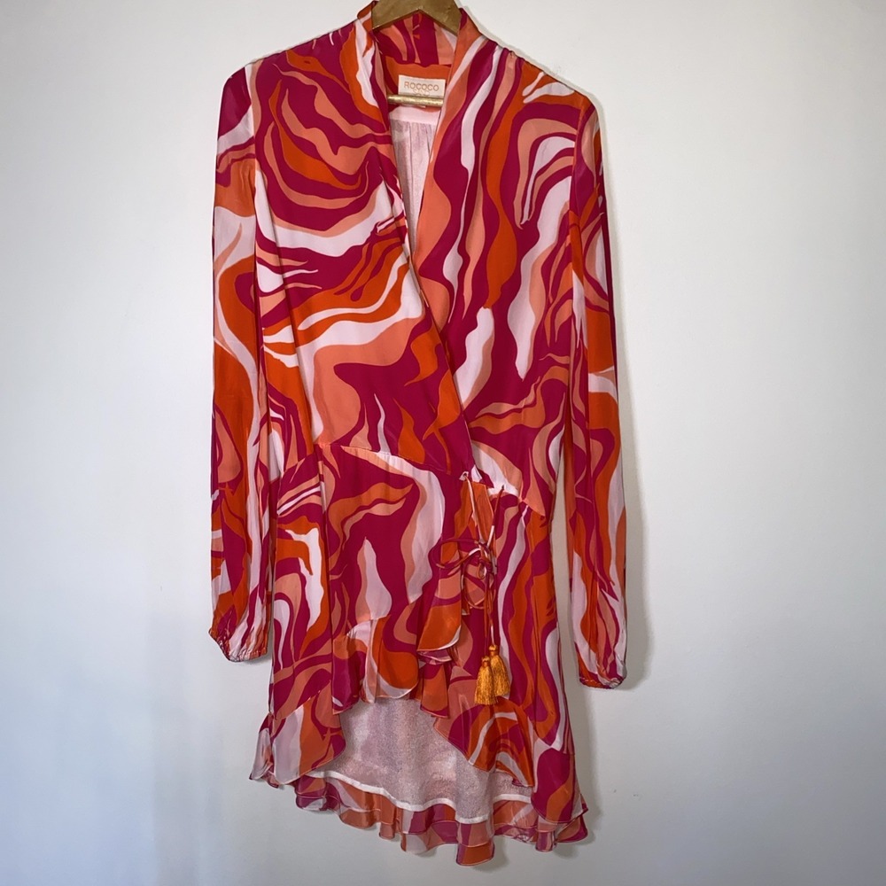 Rococo Sand Emily Wrap Dress Size L Pink Orange Long Sleeve Mini Bohemian Resort - Picture 2 of 10
